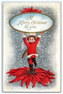 1910 Christmas Angel Poinsettia Flowers Snowfall Embossed Peabody KS Postcard
