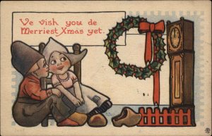 Christmas Dutch Children Grandfather Clock Wreath Bergman c1900s-10s Postcard