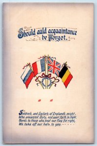 London England Postcard Should Acquaintance Be Forgot 4 Flags c1920's WW1