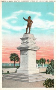 Vintage Postcard Ponce De Leon Statue Anderson Circle St. Augustine Florida FL