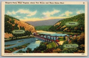 Postcard Harpers Ferry West Virginia c1940s Where Two Rivers & Three States Meet