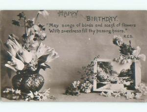 circa 1910 rppc BIRTHDAY - BEAUTIFUL FLOWERS IN ANTIQUE VASE o2645