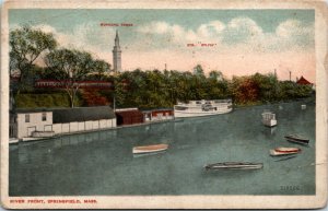 Postcard MA Springfield River Front Boats Municipal Tower 1920s H16