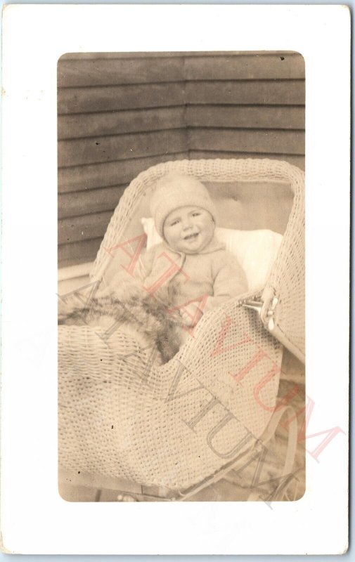 ID'd c1910s Cute Baby Boy RPPC Wicker Stroller Real Photo Dilbert Grosse A160