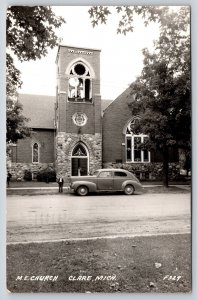 Clare~Boy Stands in Front of 1940 Nash Lafayette~Methodist Episcopal Church RPPC