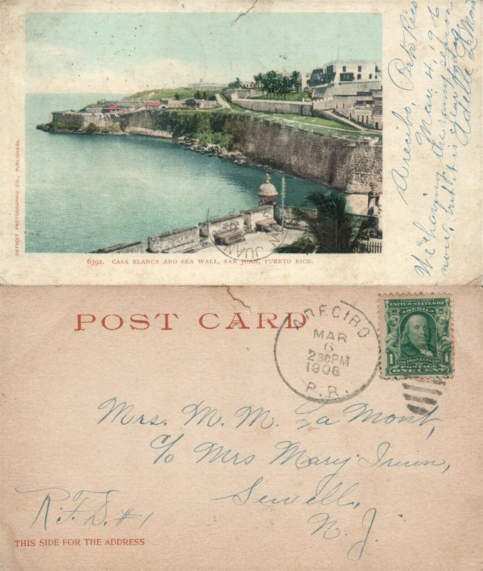 SAN JUAN PUERTO RICO CASA BLANCA ANTIQUE 1906 UNDIVIDED POSTCARD w/ CORK CANCEL