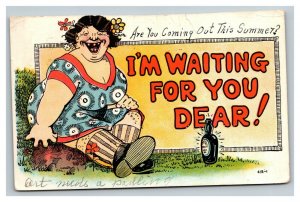 Vintage 1930's Comic Postcard Ugly Drunk Woman I'm Waiting for You Dear