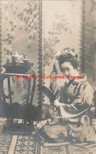 Japanese Native Ethnic Costume, RPPC, Geisha Woman Putting on Makeup,Leyde Photo