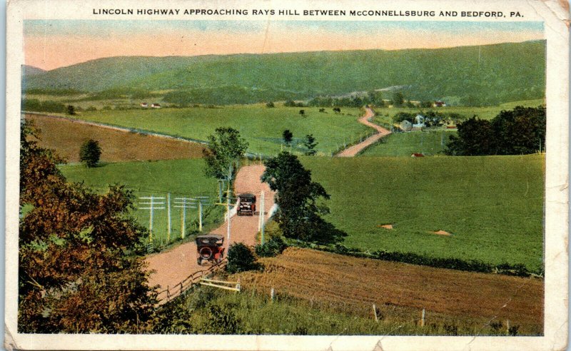 1920s Lincoln Highway Approaching Rays Hill Bedford Pennsylvania Postcard