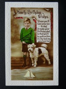 Birthday Greetings BOY with SAILING YACHT & TERRIER Dog Breed c1930s RP Postcard