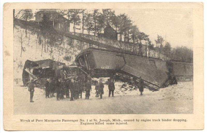 St. Joseph MI Pere Marquette Passenger Railroad Train Wreck Postcard