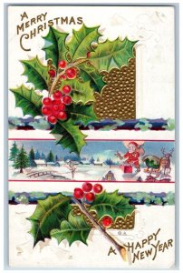 New Year And Christmas Postcard Holly Berries Santa Claus Winter Nash Embossed