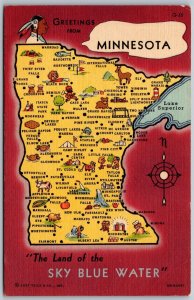 Vtg Greetings from Minnesota MN State Map Cities 1940s Linen Postcard