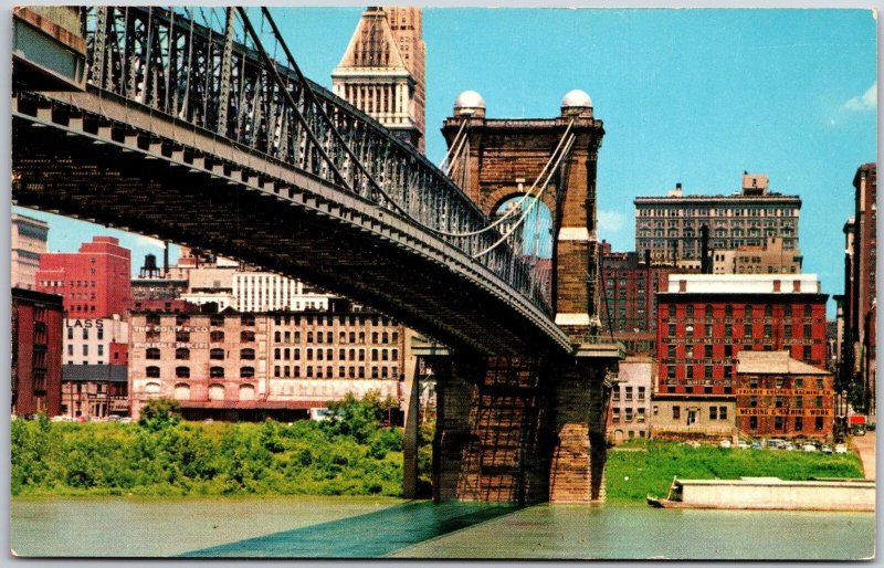 Cincinnati Ohio, Suspension Bridge & Ohio River, Architecture, Vintage Postcard
