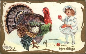 Thanksgiving Little Girl Offers Apple to Giant Turkey c110 Vintage Postcard