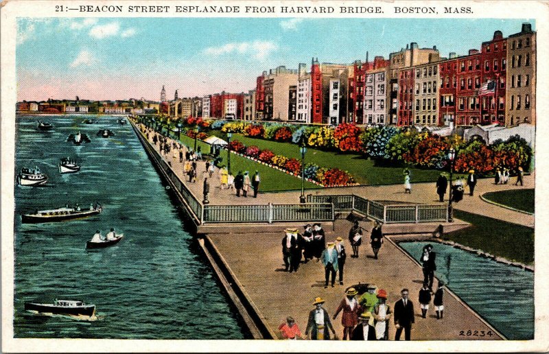 Vtg 1930 Beacon Street Esplanade Harvard Bridge Boston Massachusetts MA Postcard