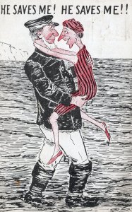 Sailor Rescues Ugly Lady Sea Rescue Old 1907 Comic Postcard