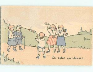 foreign Old Postcard signed FRENCH KIDS PLAYING WOUNDED WWI SOLDIER GAME AC3739