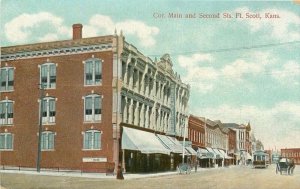 C-1910 Main 2nd Streets Ft Scott Kansas Trolley International Postcard 21-2896