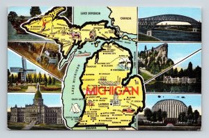 Michigan State Map Cities Multi View Scenic Landmarks Linen Postcard 