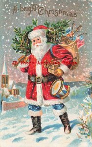 Christmas, Unknown Pub, Red Suit Santa Carrying Tree, Toys & Drum in the Snow