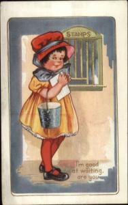 Little Girl at Post Office Buying Stamps c1915 Postcard