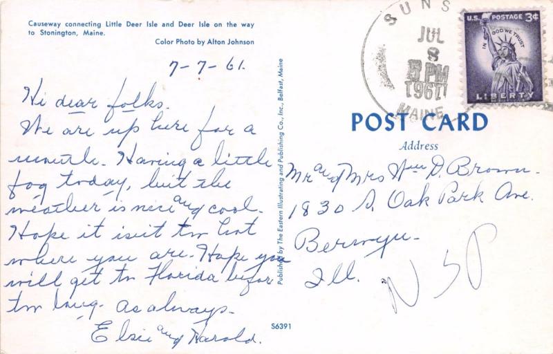 STONINGTON MAINE CAUSEWAY CONNECTING LITTLE DEER ISLE & DEER ISLE POSTCARD 1961