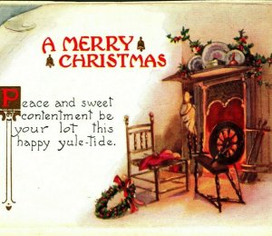 Winsch Back Embossed Fireplace Merry Christmas Spinning Wheel UNP Vtg Postcard