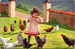 A HAPPY BIRTHDAY - CHICKEN - FARM SCENE - VINTAGE - ANTIQUE POSTCARD