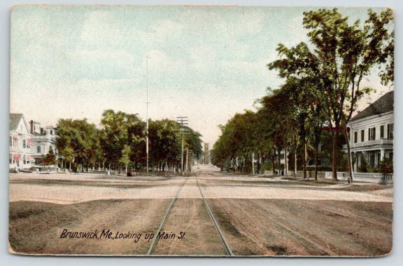 Brunswick Maine~Wide Main Street~Huge Victorian Homes~Trolley Tracks~c1905 