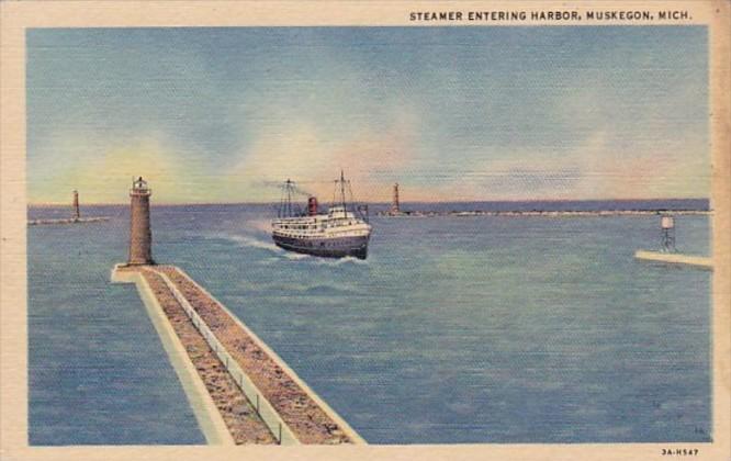 Michigan Muskegon Steamer Entering Harbor Curteich