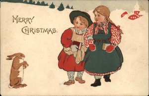 Christmas Folk Art Children Rabbit Winter Scene c1910 Vintage Postcard