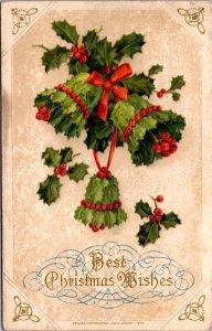 Winsch Postcard Best Christmas Wishes Bells Made of Holly Leaves