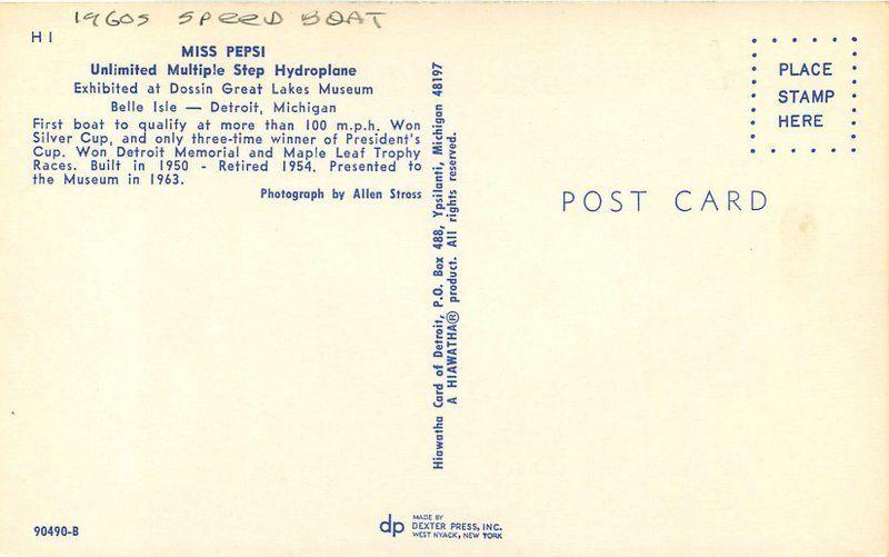 Detroit Michigan 1960s Speed boat Miss Pepsi Hydroplane Hiawatha postcard 7577