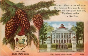 c1908 Postcard; Maine State Card, Seal, Pine Cone, State Capitol Augusta ME