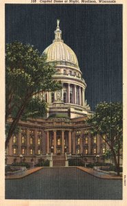 Vintage Postcard Capitol Dome at Night Tourist Attraction Madison Wisconsin WI