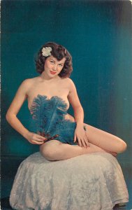 1950's Pin Up Girl Postcard Fan Girl Blue Feathers