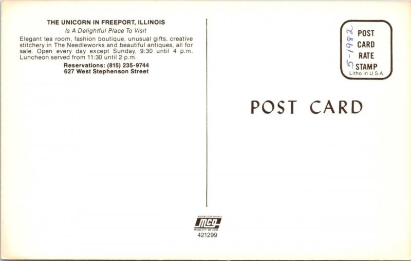 Freeport, IL Illinois  THE UNICORN BOUTIQUE & TEA ROOM   Advertising Postcard