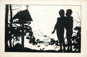 Carus silhouette birds house & couple vintage artist postcard