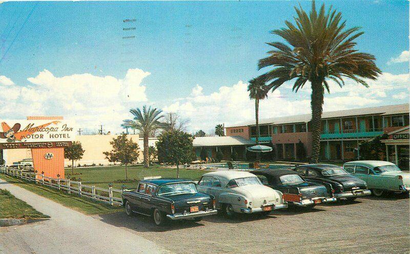 Autos Maricopa Inn Motor Hotel Mesa Arizona Route 60 70 80 Postcard pool 4000