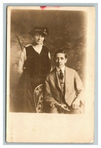 Vintage 1910's RPPC Postcard Photo of Young Man and Woman