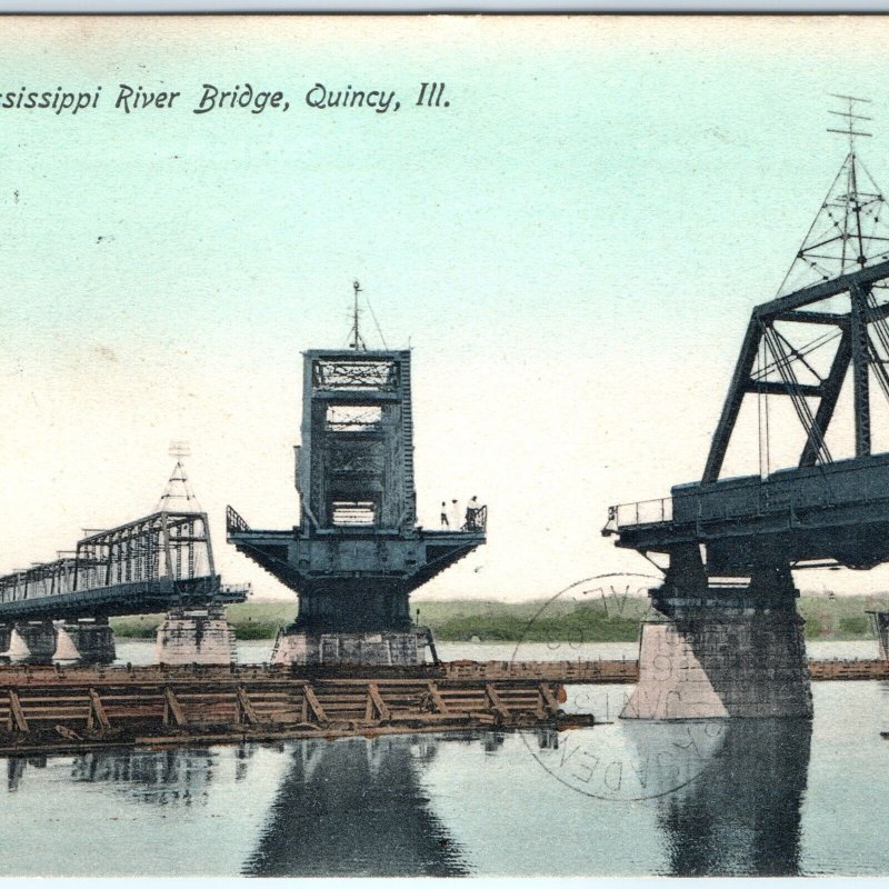 c1900s Quincy, ILL Mississippi River Swing Bridge Postcard IL Antiquitech A87