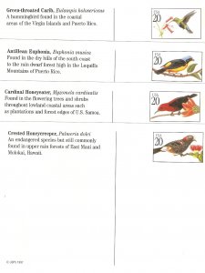 Tropical birds Set of four  American stamped postcards issued by USPS in 1997