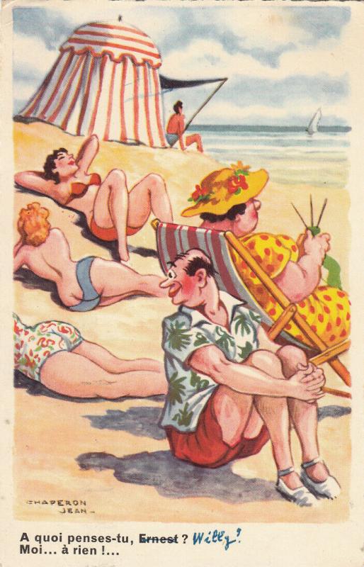 Seaside misoginism humour comic husband wife beach beauties Chaperon Jean signed