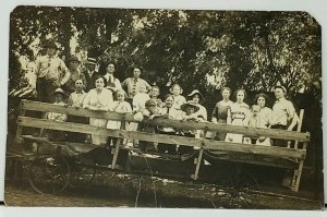 RPPC Large Group of People in Wagon Postcard H15