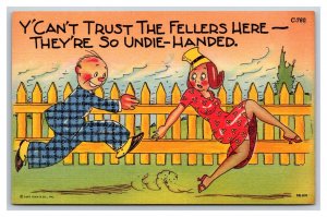 Comic Risque Woman Being Chased Fellers Undie-Handed UNP Linen Postcard U10