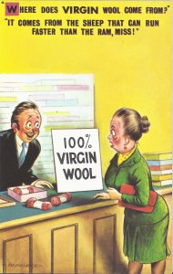 Vintage 1970's Bamforth COMIC Postcard, where does Virgin Wool come from...