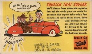 Waverly Motor Oil Squelch That Squeak Covallis OR Russells Garage Adv Postcard