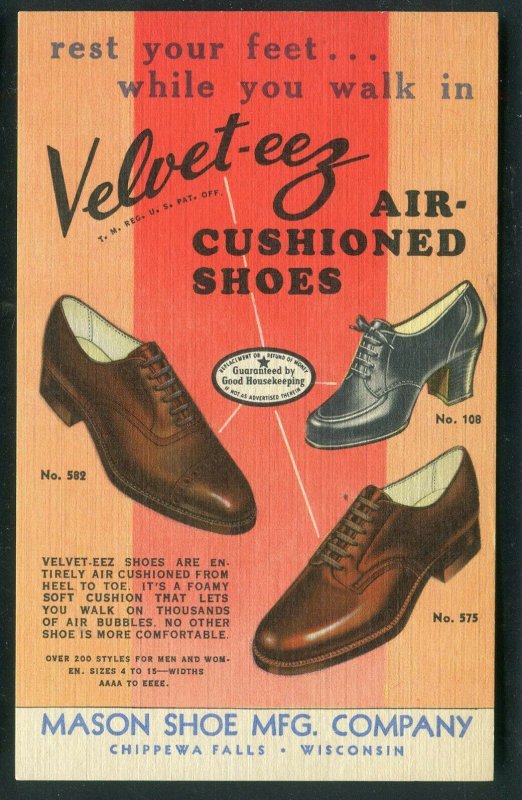 Velvet eez Air Cushioned Shoes by Mason Shoe Mfg Chippewa Falls WI postcard 2 Topics Advertising Postcard