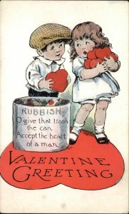 Valentine Boy Gives Hearts from Trash Can Romance c1910 Vintage Postcard